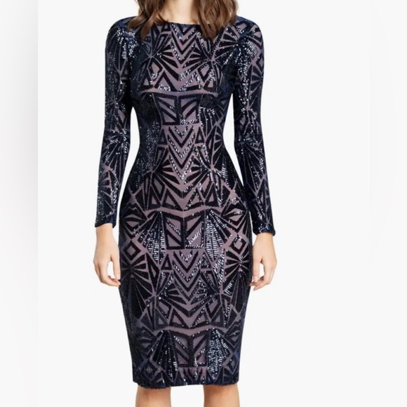 Dress The Population Nordstrom Emery Midi Dress Navy Sequin Long Sleeve Size XS - Picture 1 of 12